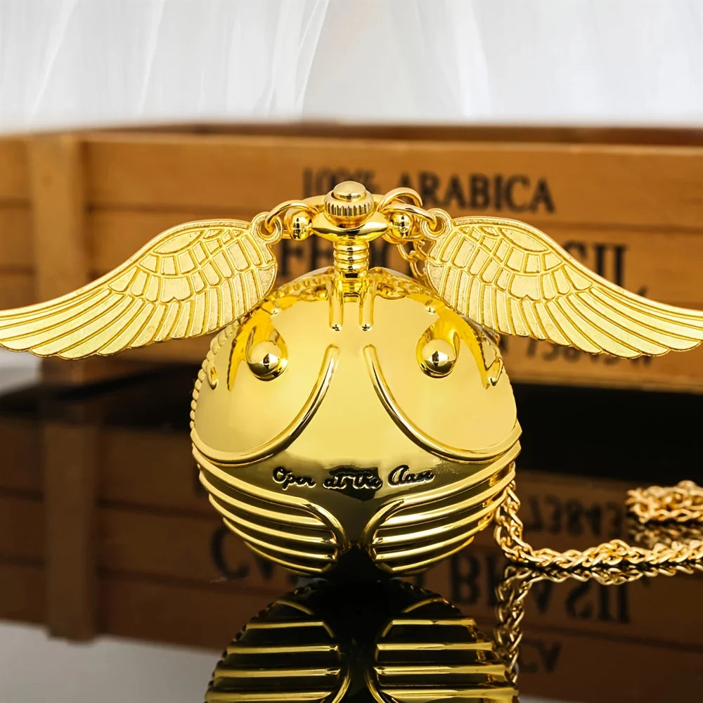 Desktrim™ | Golden Snitch Harry Potter Spherical Quartz Pocket Watch Fashion Sweater Angel Wing Necklace Pendant - Open At The Close