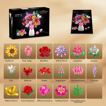 Flower Bouquet Building Set - 18 Piece Educational 3D Puzzle for Kids and Adults - Perfect Birthday Gift for Women and Family Fun Challenge