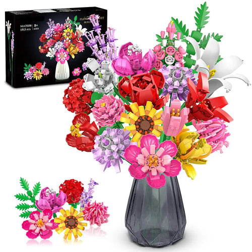 Flower Bouquet Building Set - 18 Piece Educational 3D Puzzle for Kids and Adults - Perfect Birthday Gift for Women and Family Fun Challenge