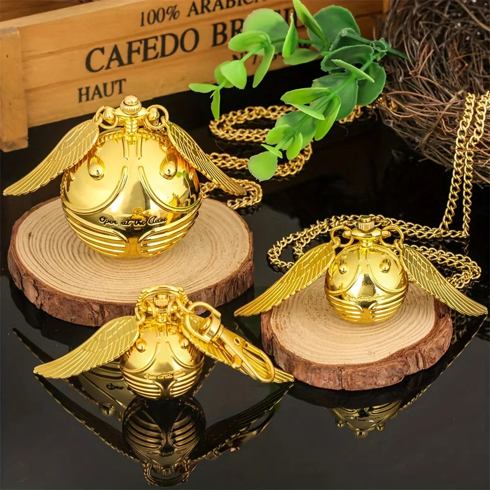 Desktrim™ | Golden Snitch Harry Potter Spherical Quartz Pocket Watch Fashion Sweater Angel Wing Necklace Pendant - Open At The Close
