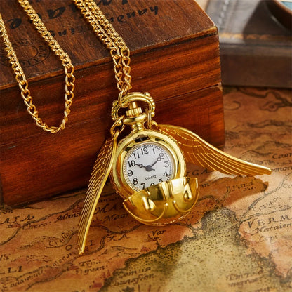 Desktrim™ | Golden Snitch Harry Potter Spherical Quartz Pocket Watch Fashion Sweater Angel Wing Necklace Pendant - Open At The Close