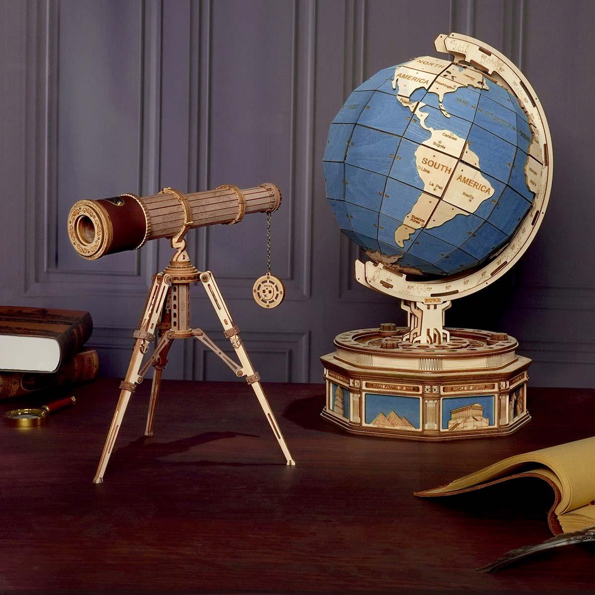 Desktrim™ | Explorer's Collection - Wooden Globe & Monocular Telescope Set