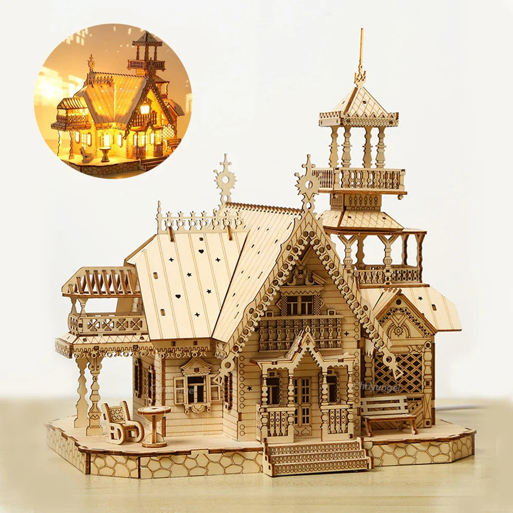 Desktrim™ | DIY Villa 3D Wooden Model Kit with Light Castle Puzzles Assembly Desk Decoration